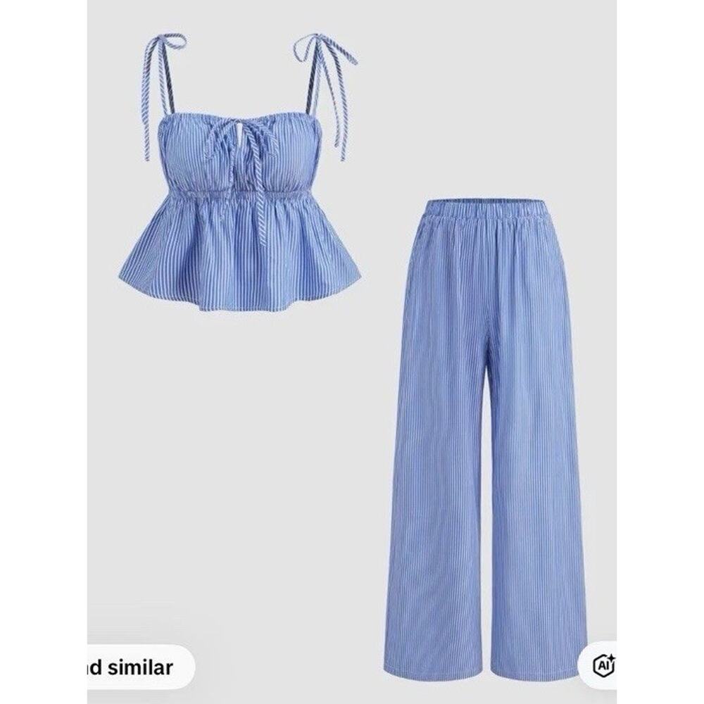 NWT Cider Blue Striped 2 Piece Outfit Set Top & Wide-Leg Pants XS